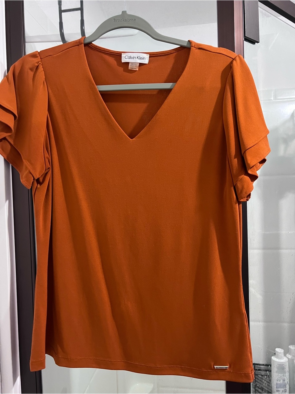 Calvin Klein Women's V-Neck Short Sleeve Top - Rust Orange